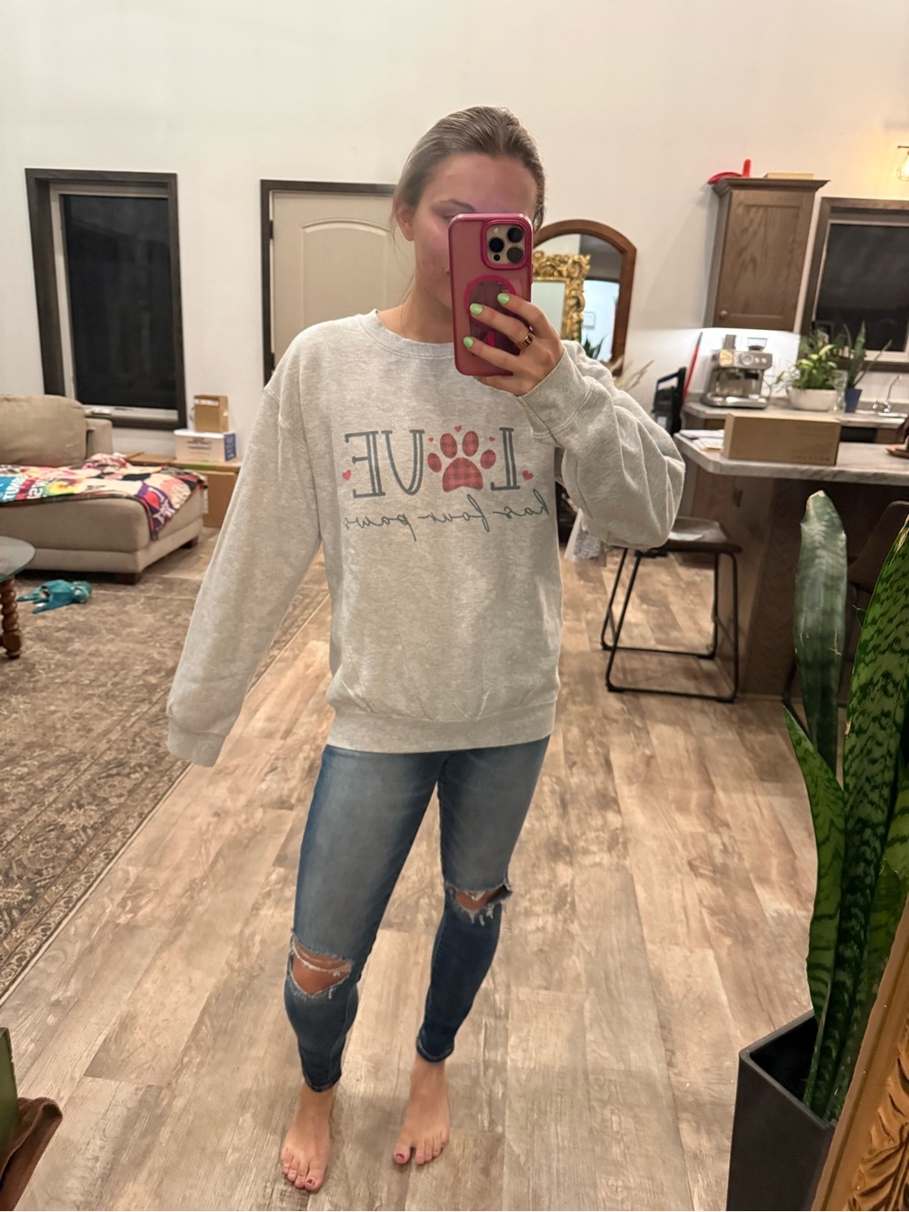 Amazon Light Gray Crewneck Sweatshirt with Pink Paw-Print LOVE Graphic